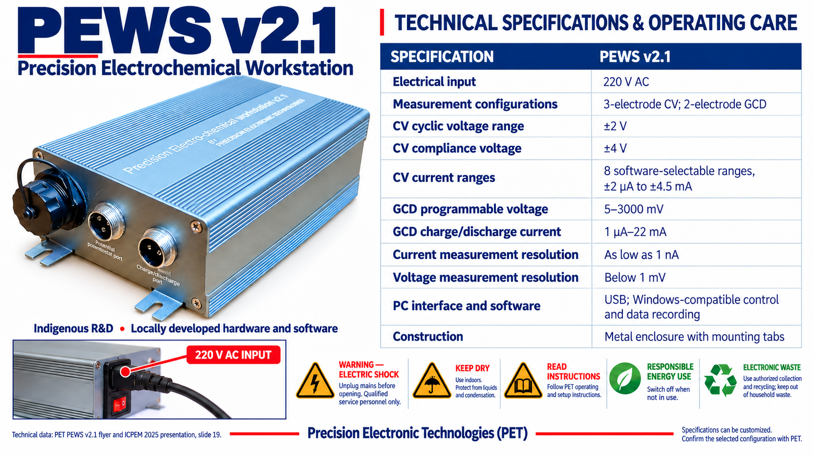 PEWS v2.1 specifications: 220 V AC input, CV and GCD ranges, eight selectable CV current ranges, current resolution as low as 1 nA and voltage resolution below 1 mV